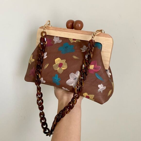 Genuine Leather Hand Painted Floral, Wooden Frame Bag/Crossbody & Small Purse - Picture 5 of 16